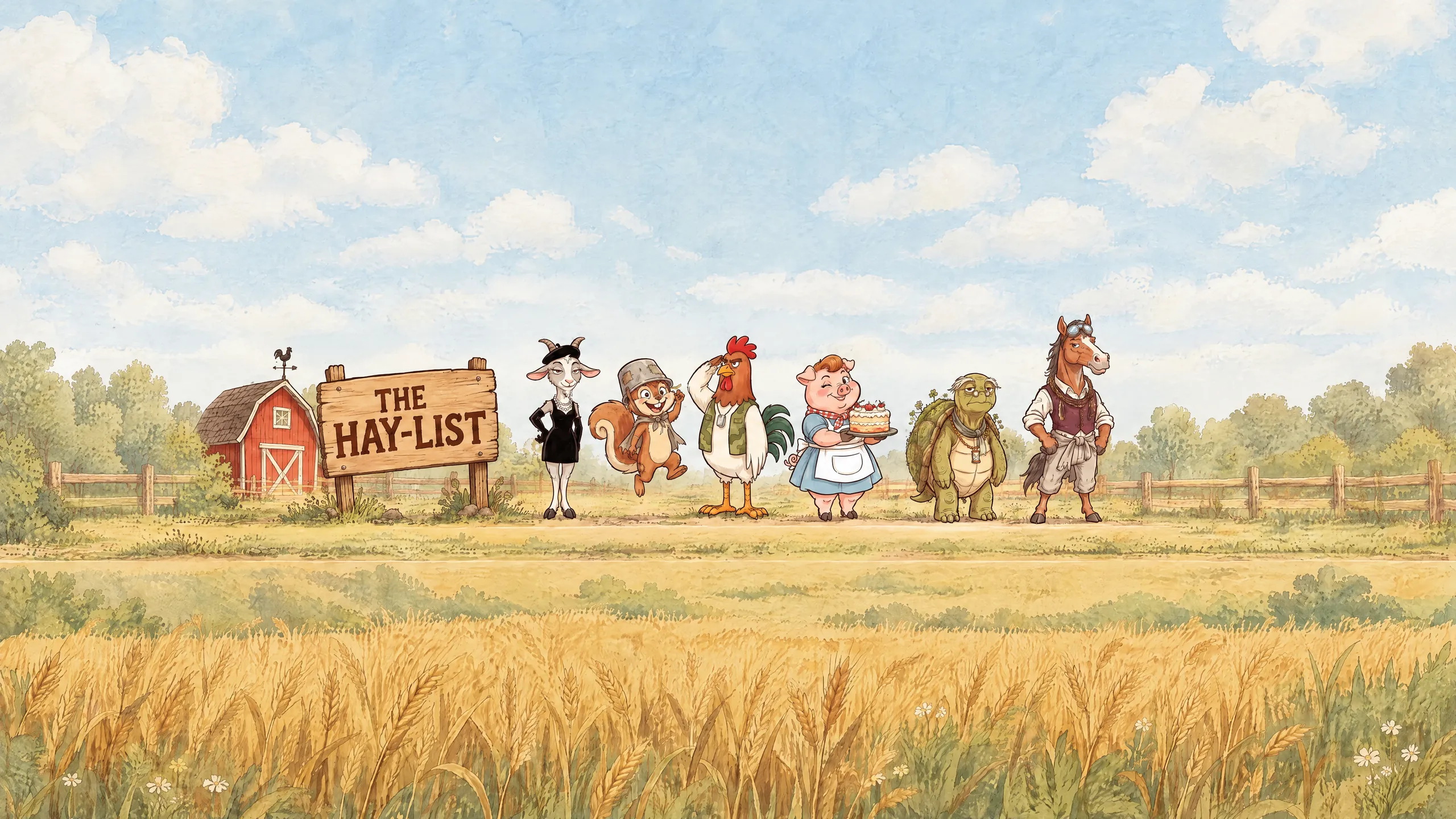 The Hay-List sign and the six characters standing in a row in front of a farm fence, under a big blue sky