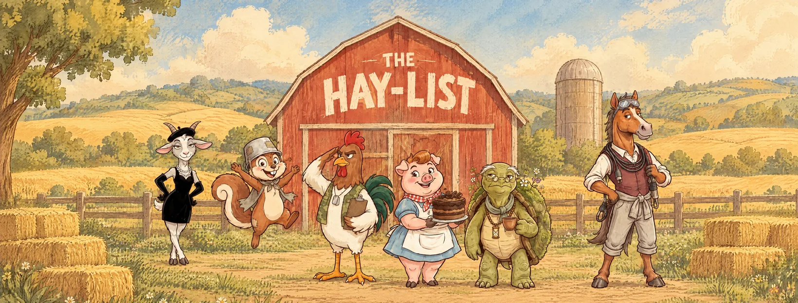 The six Hay-List characters in front of a red barn painted with the words The Hay-List
